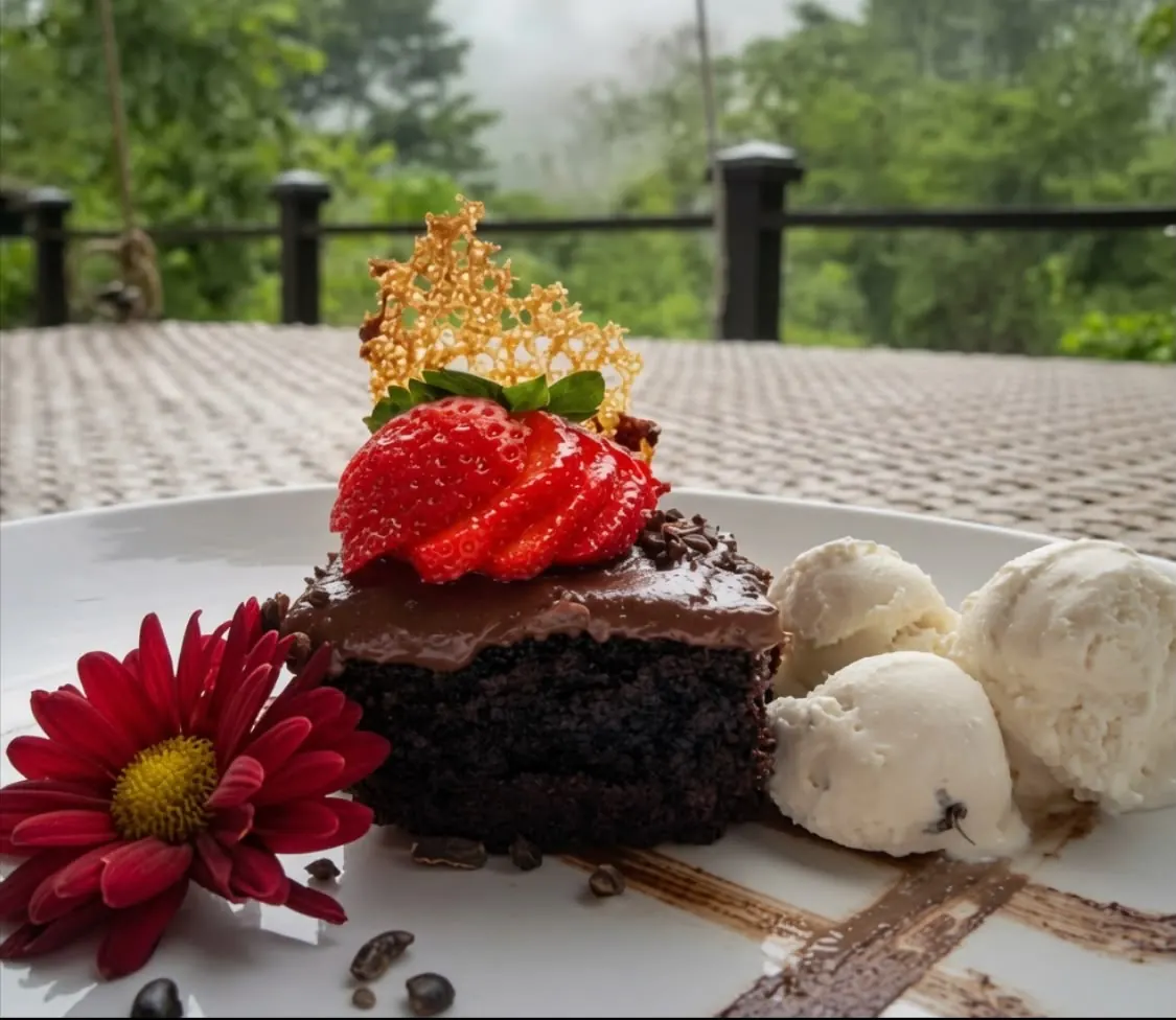 Dark chocolate cake, vanilla bean ice cream