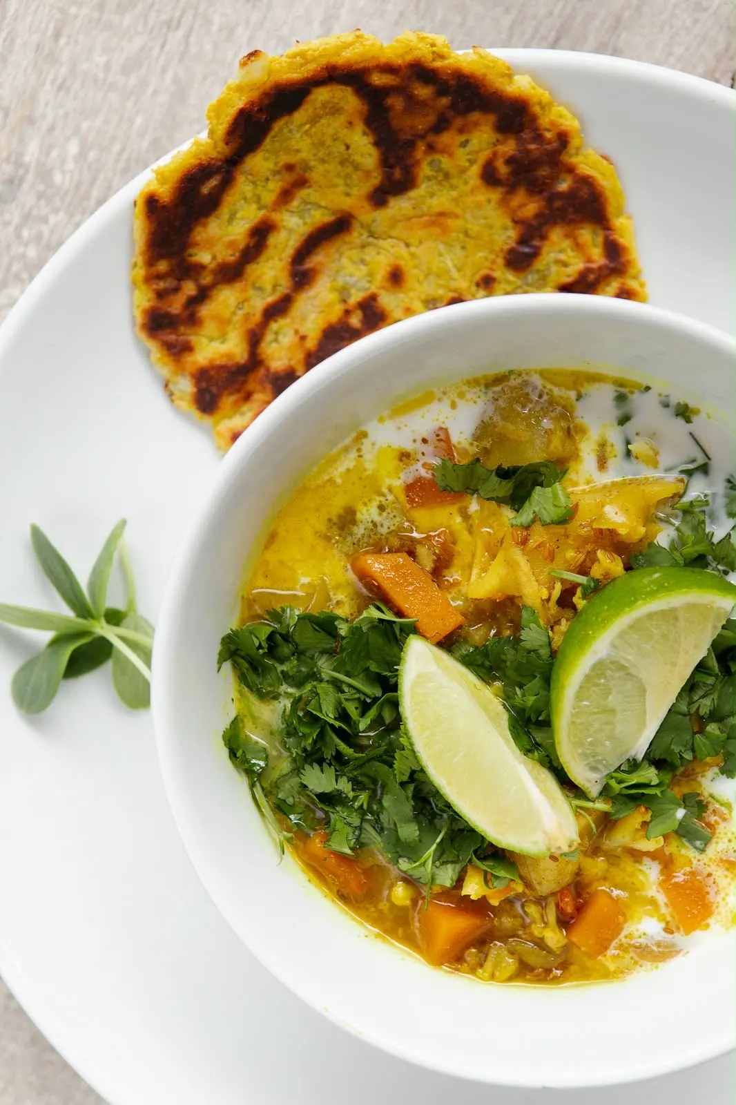 Golden vegetable curry, chickpea flatbread